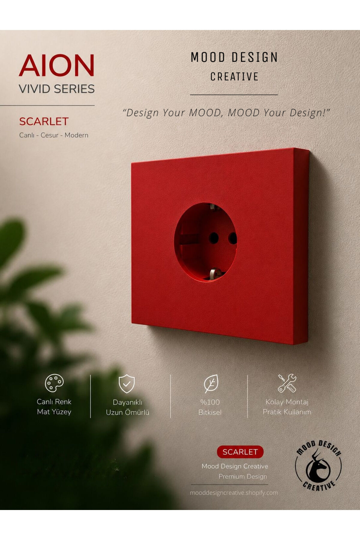 AION Collection - VIVID Series (SCARLET RED) /(TÜM PRİZLER İLE UYUMLUDUR) Minimal Mat Tasarım Priz / Premium Dekoratif Canlı Renkler Serisi (CANLI KIRMIZI)