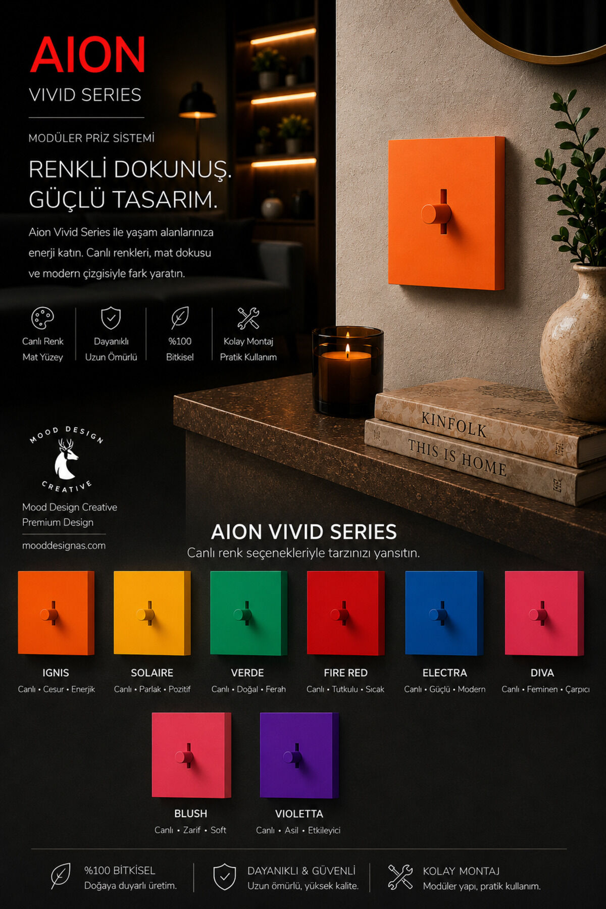 AION Collection - VIVID Series (IGNIS) /(V.İ.K.O. İLE UYUMLUDUR) Minimal Mat Tasarım Priz - Anahtar COVER/ Premium Dekoratif Canlı Renkler Serisi (TURUNCU)
