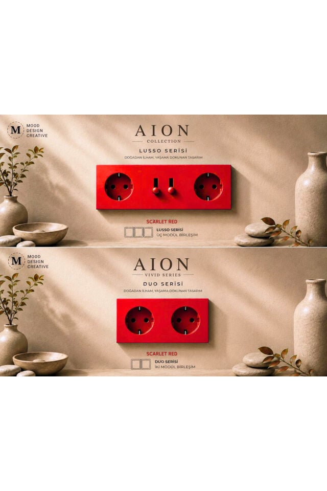 AION Collection-DUO Series (SCARLET RED) (2Lİ)/ (TÜM MARKALAR İLE UYUMLUDUR) (2MODÜL BİRLEŞİMİ=1PRİZ+1PRİZ) Minimal Mat Tasarım Priz-Anahtar COVER/Premium Canlı Renkler Serisi (CANLI KIRMIZI)