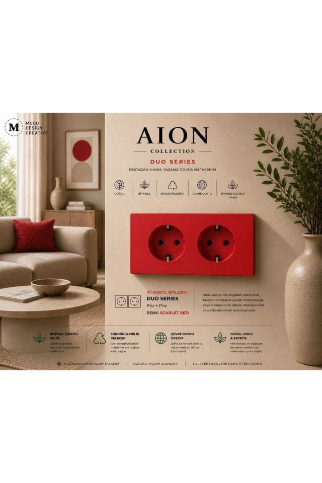 AION Collection-DUO Series (SCARLET RED) (2Lİ)/ (TÜM MARKALAR İLE UYUMLUDUR) (2MODÜL BİRLEŞİMİ=1PRİZ+1PRİZ) Minimal Mat Tasarım Priz-Anahtar COVER/Premium Canlı Renkler Serisi (CANLI KIRMIZI)