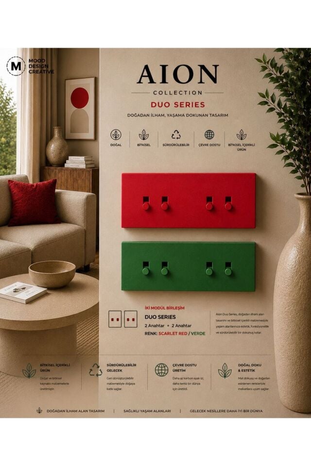 AION Collection-DUO Series (SCARLET RED) (2 AD. KOMİTATÖR)/(V.İK.O. İLE UYUMLU) (2MODÜL BİRLEŞİMİ=2ANAHTAR+2ANAHTAR)Minimal Mat Tasarım Priz-Anahtar COVER/Premium Canlı Renkler Serisi (CANLI KIRMIZI)