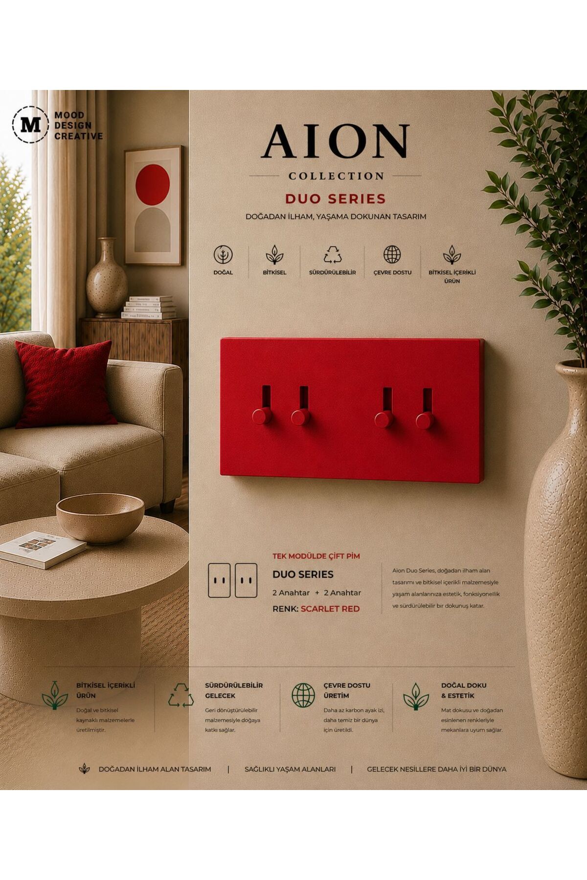 AION Collection-DUO Series (SCARLET RED) (2 AD. KOMİTATÖR)/(V.İK.O. İLE UYUMLU) (2MODÜL BİRLEŞİMİ=2ANAHTAR+2ANAHTAR)Minimal Mat Tasarım Priz-Anahtar COVER/Premium Canlı Renkler Serisi (CANLI KIRMIZI)