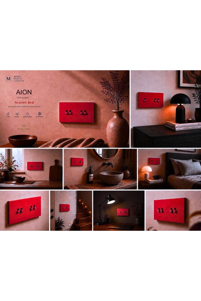 AION Collection-DUO Series (SCARLET RED) (2Lİ)/(V.İ.K.O. İLE UYUMLU) (2MODÜL BİRLEŞİMİ=(2ANAHTAR(1KOMİTATÖR)+1ANAHTAR)Minimal Mat Tasarım Priz-Anahtar COVER/Premium Canlı Renkler Serisi(CANLI KIRMIZI)
