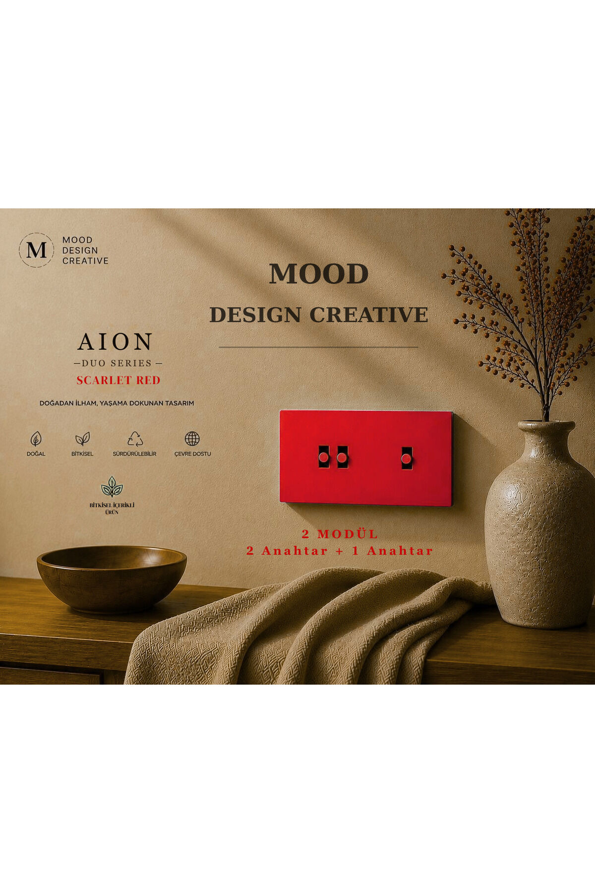 AION Collection-DUO Series (SCARLET RED) (2Lİ)/(V.İ.K.O. İLE UYUMLU) (2MODÜL BİRLEŞİMİ=(2ANAHTAR(1KOMİTATÖR)+1ANAHTAR)Minimal Mat Tasarım Priz-Anahtar COVER/Premium Canlı Renkler Serisi(CANLI KIRMIZI)