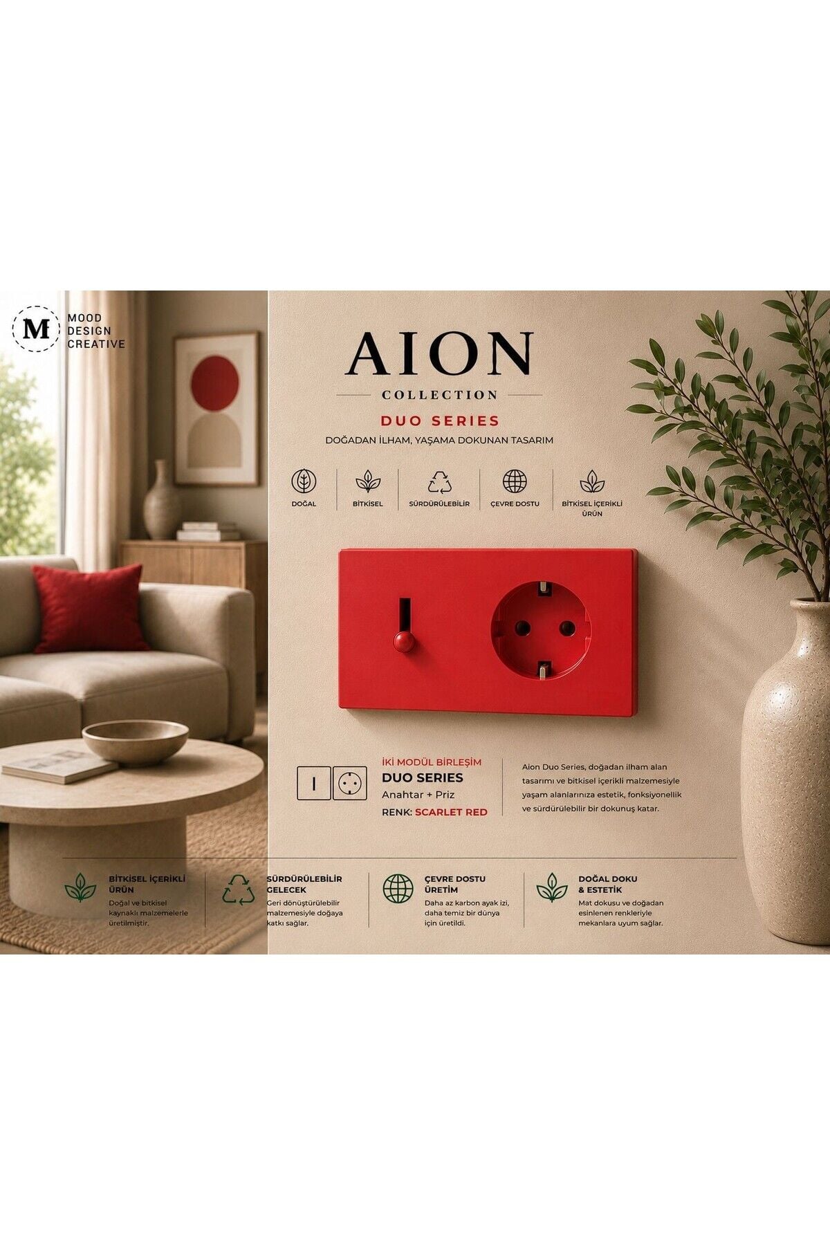 AION Collection-DUO Series (SCARLET RED) (2Lİ)/ (V.İ.K.O. İLE UYUMLUDUR) (2MODÜL BİRLEŞİMİ=1ANAHTAR+1PRİZ) Minimal Mat Tasarım Priz-Anahtar COVER/Premium Canlı Renkler Serisi (CANLI KIRMIZI)