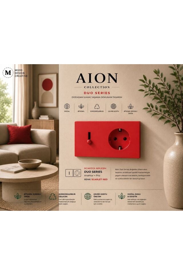 AION Collection-DUO Series (SCARLET RED) (2Lİ)/ (V.İ.K.O. İLE UYUMLUDUR) (2MODÜL BİRLEŞİMİ=1ANAHTAR+1PRİZ) Minimal Mat Tasarım Priz-Anahtar COVER/Premium Canlı Renkler Serisi (CANLI KIRMIZI)