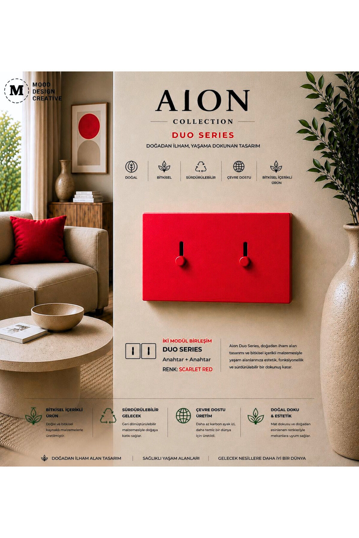 AION Collection-DUO Series (SCARLET RED) (2Lİ)/(V.İ.K.O. İLE UYUMLUDUR) (2MODÜL BİRLEŞİMİ=1ANAHTAR+1ANAHTAR) Minimal Mat Tasarım Priz-Anahtar COVER/Premium Canlı Renkler Serisi (CANLI KIRMIZI)