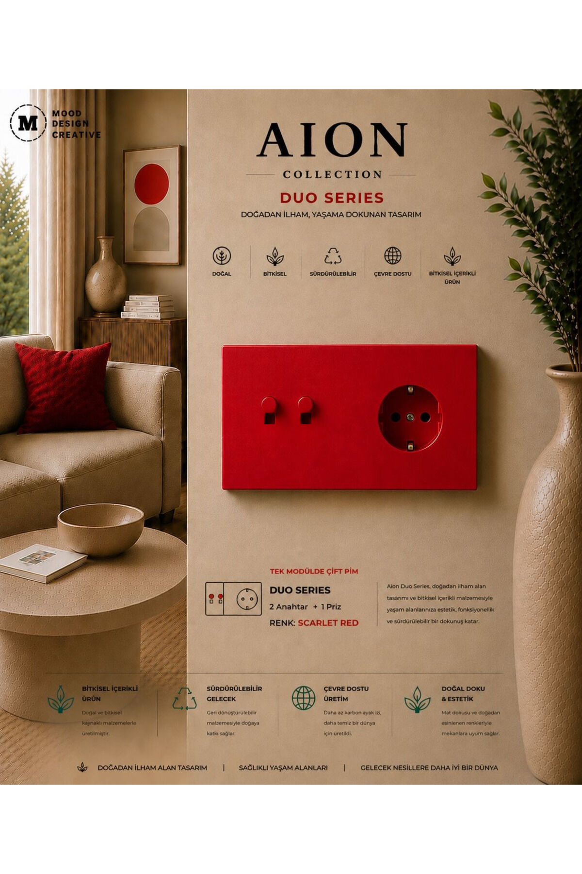 AION Collection-DUO Series (SCARLET RED) (2Lİ)/(V.İ.K.O. İLE UYUMLUDUR) (2MODÜL BİRLEŞİMİ=2ANAHTAR(1KOMİTATÖR)+1PRİZ)Minimal Mat Tasarım Priz-Anahtar COVER/Premium Canlı Renkler Serisi (CANLI KIRMIZI)