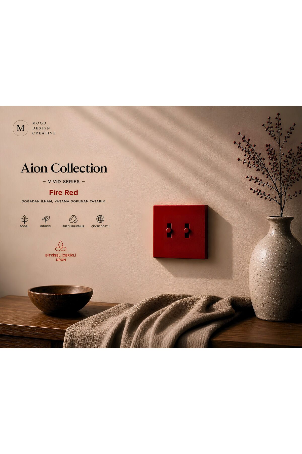 AION Collection - VIVID Series (FIRE RED)2Lİ / (V.İ.K.O. İLE UYUMLU) 2Lİ Minimal Mat Tasarım Priz - Anahtar COVER/ Premium Dekoratif Canlı Renkler Serisi (KIRMIZI)