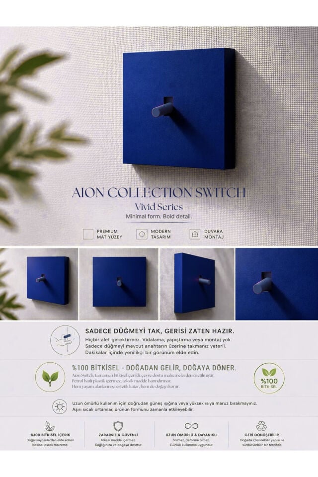 AION Collection - VIVID Series (ELECTRA) / (V.İ.K.O. İLE UYUMLUDUR) Minimal Mat Tasarım Priz - Anahtar COVER/ Premium Dekoratif Canlı Renkler Serisi (SAKS MAVİSİ)