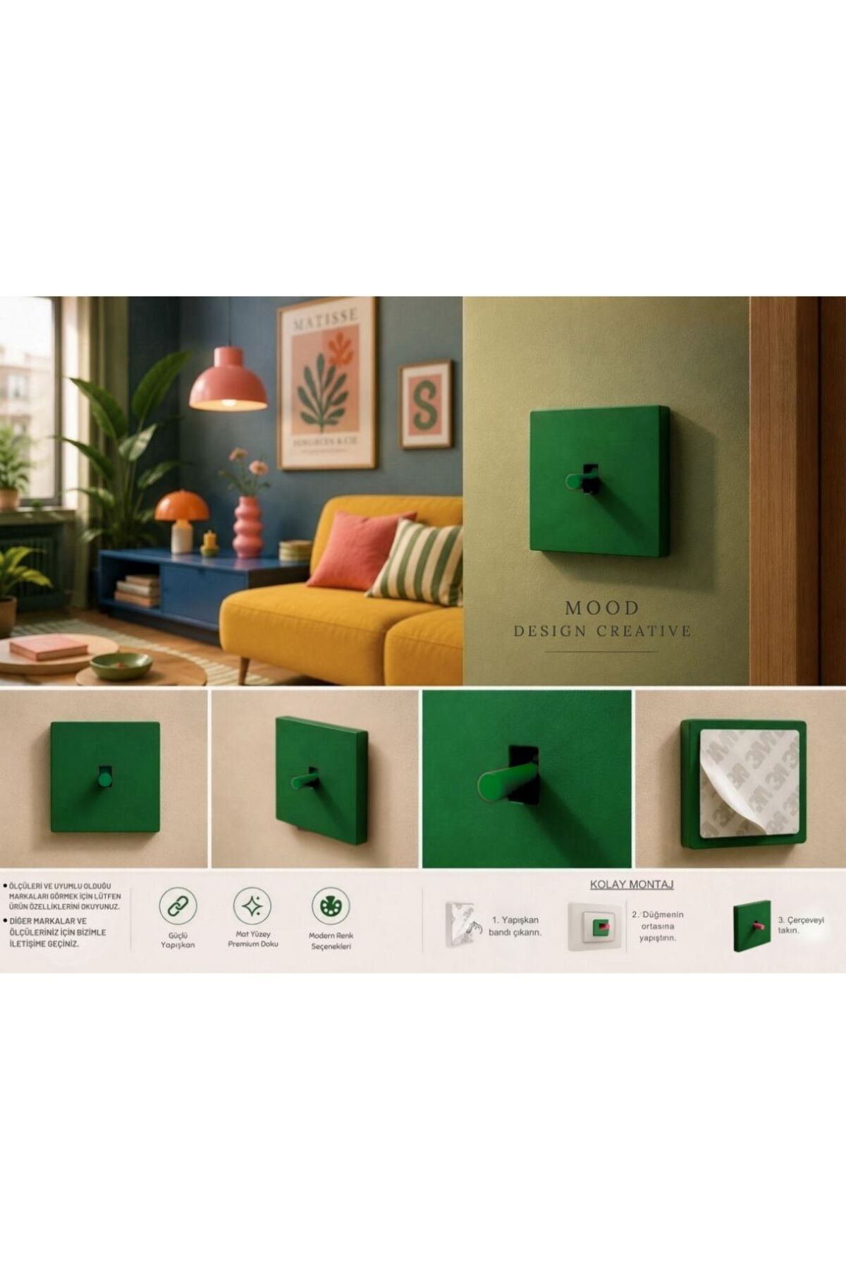 AION Collection - VIVID Series (VERDE) / (V.İ.K.O. İLE UYUMLUDUR) Minimal Mat Tasarım Priz - Anahtar COVER/ Premium Dekoratif Canlı Renkler Serisi (ÇİMEN YEŞİLİ)