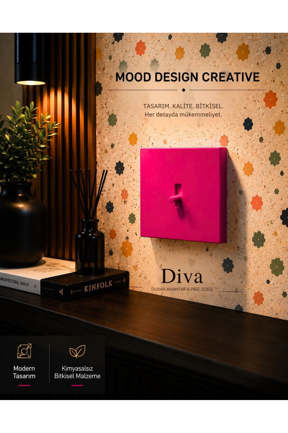 AION Collection - VIVID Series (DIVA) / (V.İ.K.O. İLE UYUMLU) Minimal Mat Tasarım Priz - Anahtar COVER/ Premium Dekoratif Canlı Renkler Serisi (FUŞYA)