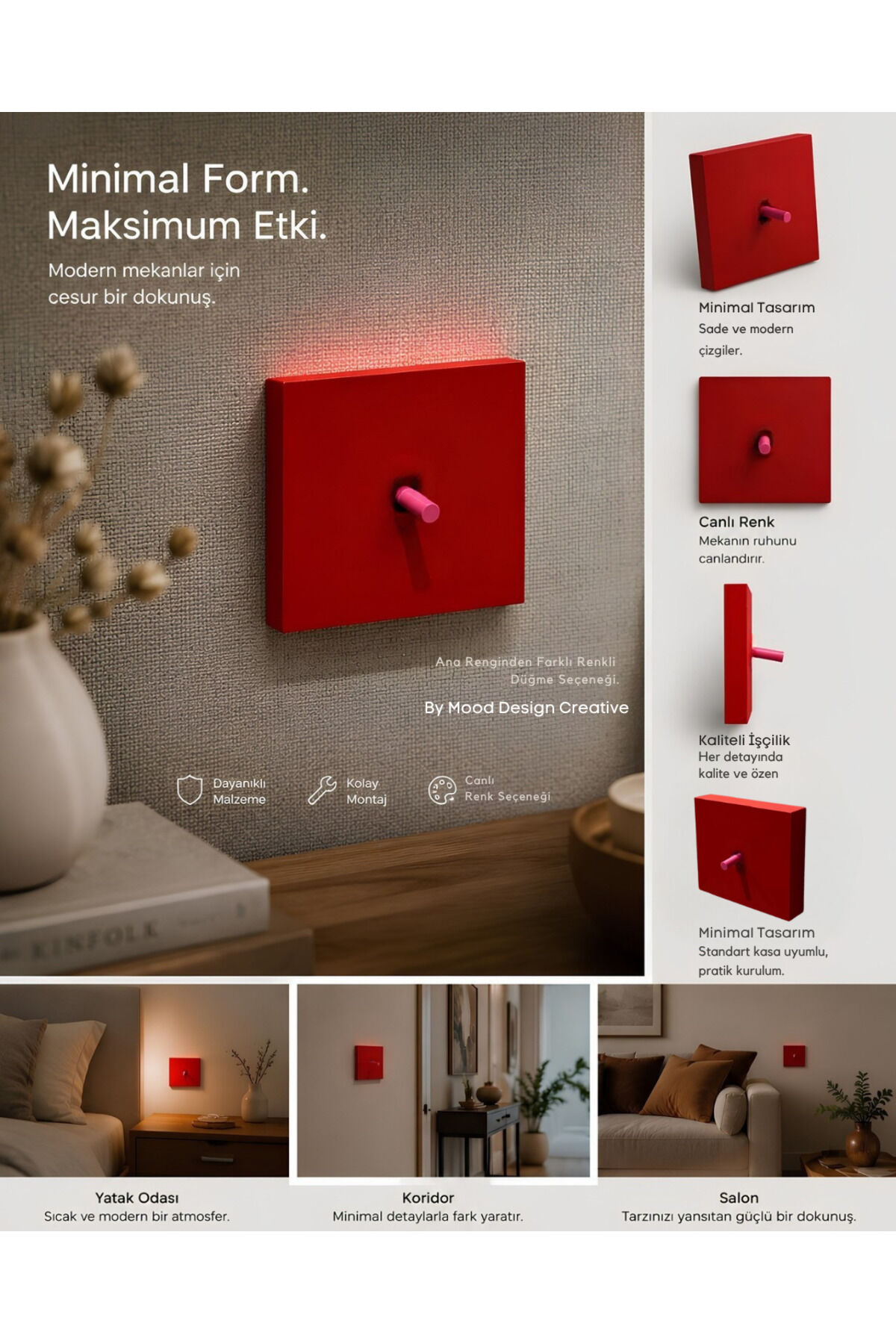 AION Collection - VIVID Series (SCARLET RED) / (V.İ.K.O. İLE UYUMLU) Minimal Mat Tasarım Priz - Anahtar COVER/ Premium Dekoratif Canlı Renkler Serisi (CANLI KIRMIZI)