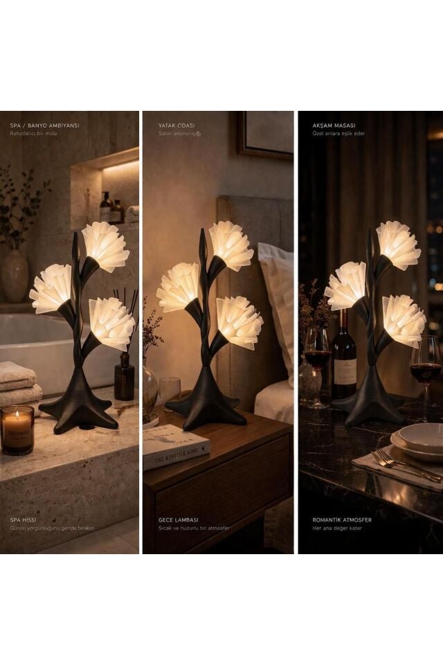 LithoBloom Prime Light Object - 3 Çiçekli, Çok Yönlü Masa, Yer ve Gece Ambiyans Aydınlatma Ürünü