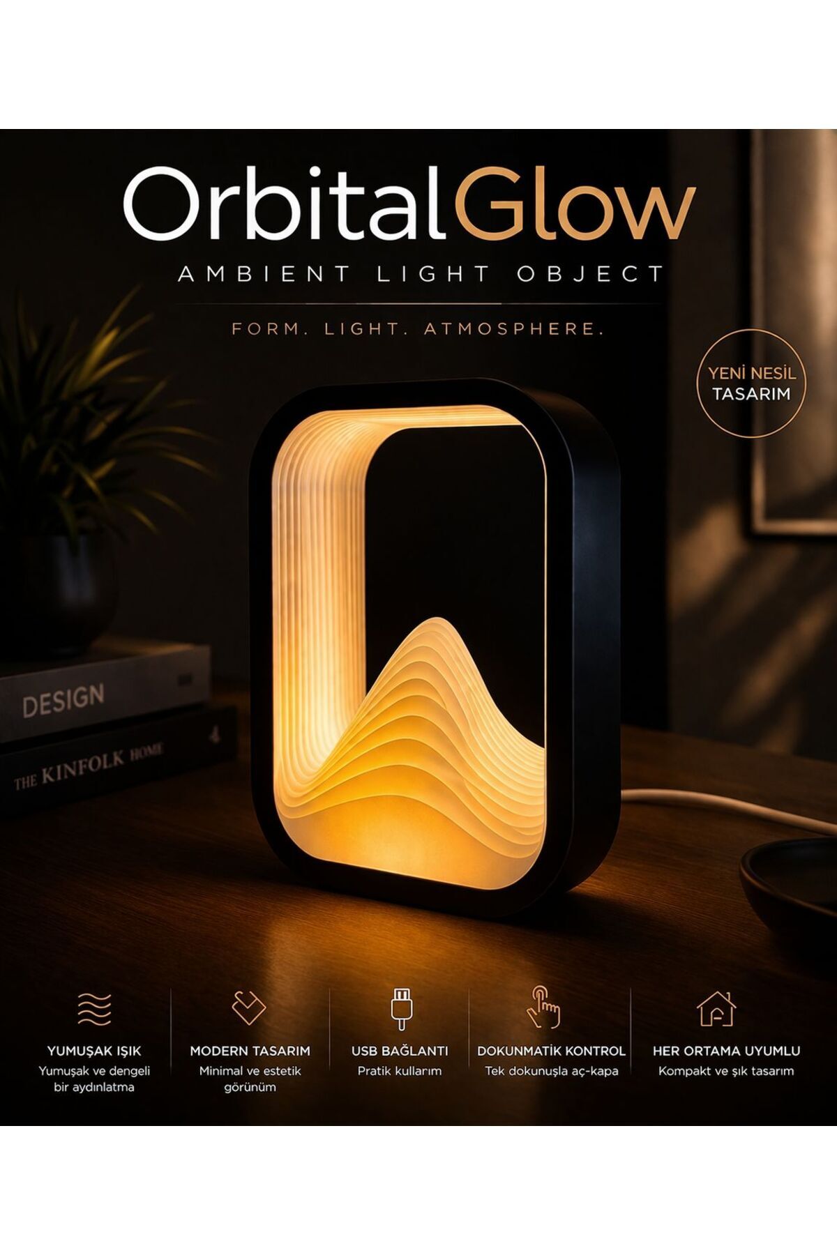 ORBITALGLOW Ambient Light Object - Modern Form Minimal Tasarım Gece Lambası, USB Kablolu