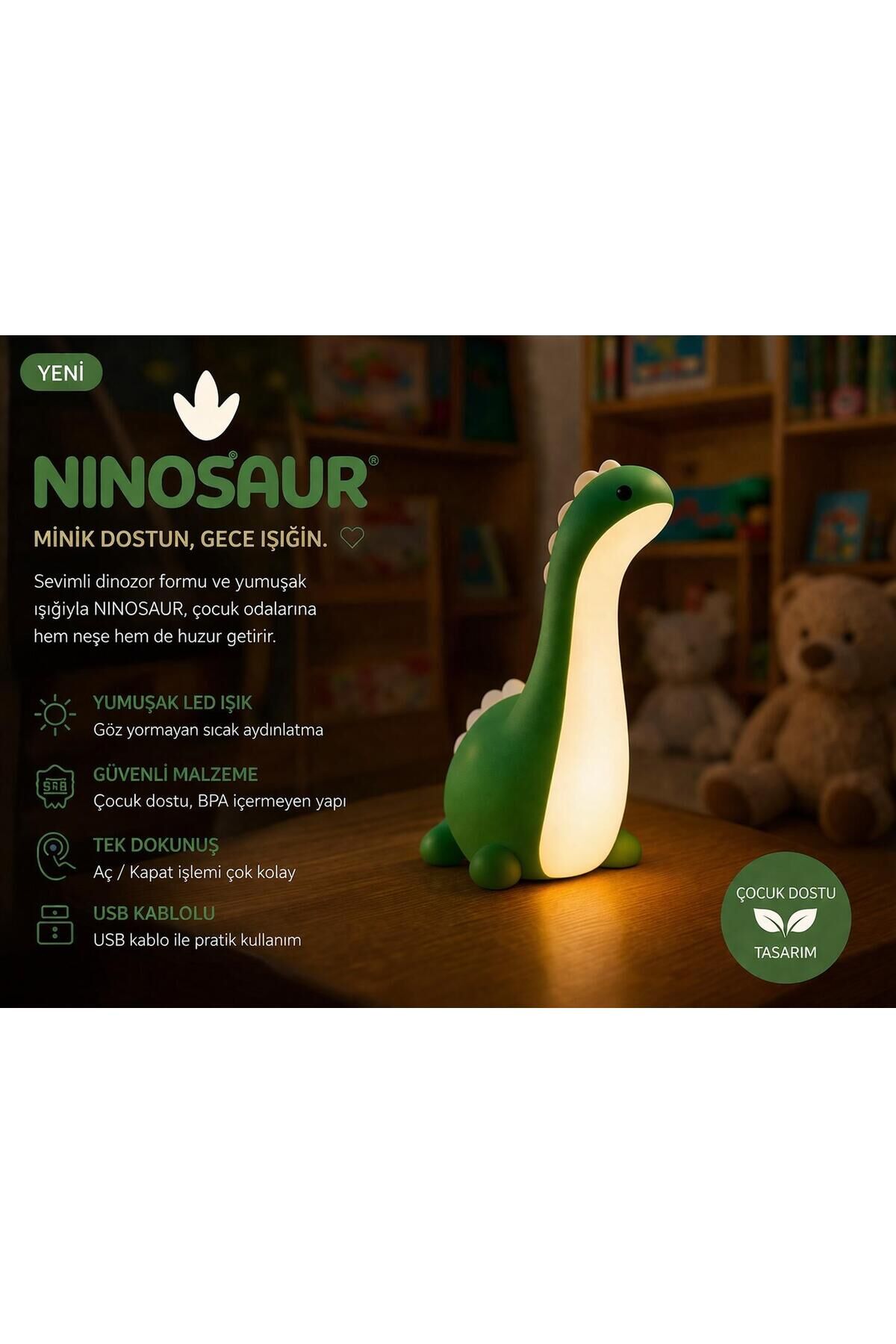NINOSAUR - Dinozor Gece Lambası (USB kablolu) Çocuk Odası Gece Işığı